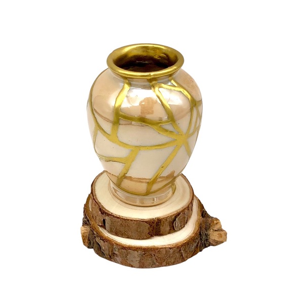 Kintsugi Vase Mini Lusterware Floral Bird Gold Crack Occupied Japan Growth Gift - Picture 4 of 14